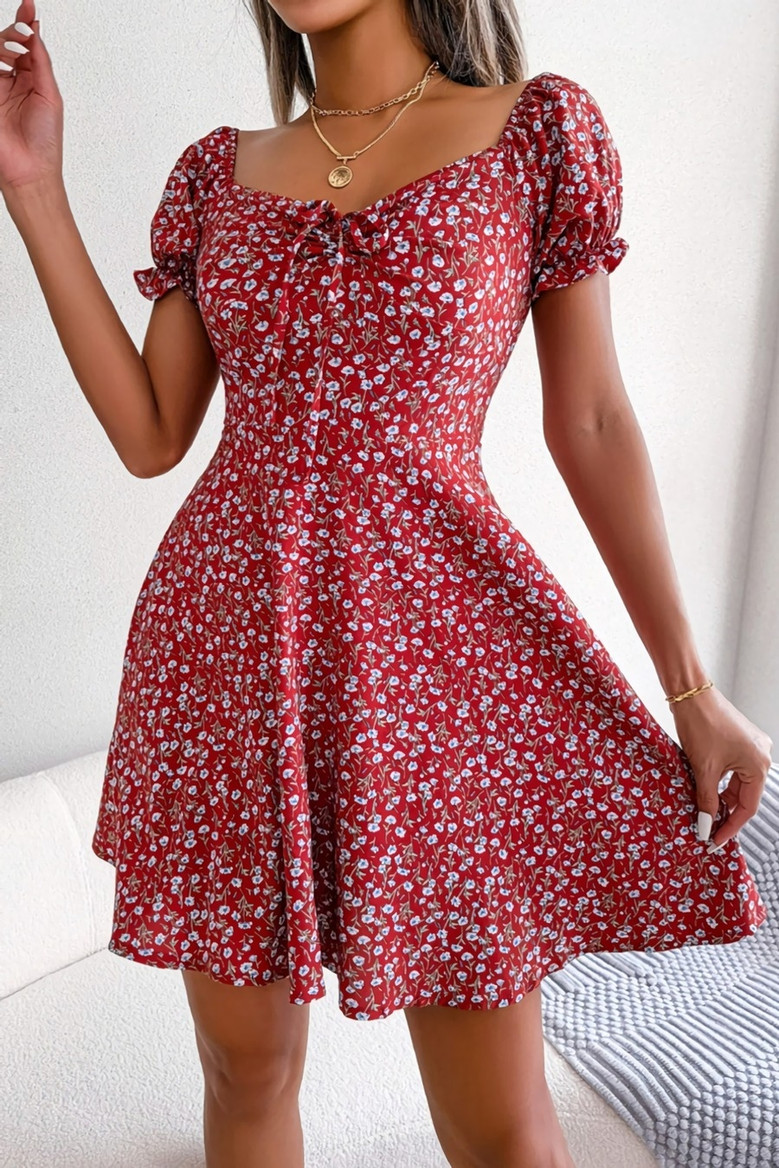 Summer New Stylish 3 Colors Micro Elastic Floral Batch Printing Square Neckline Short Sleeves Casual Mini Dress Dresses
