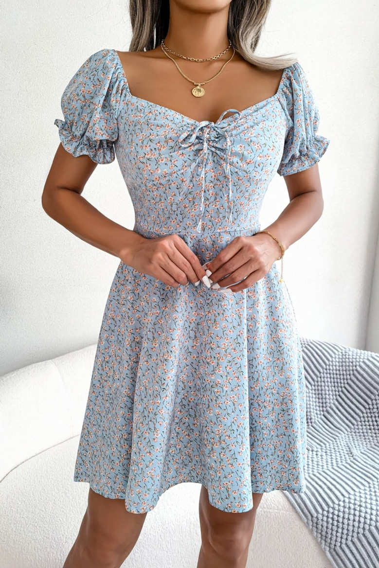 Summer New Stylish 3 Colors Micro Elastic Floral Batch Printing Square Neckline Short Sleeves Casual Mini Dress Dresses
