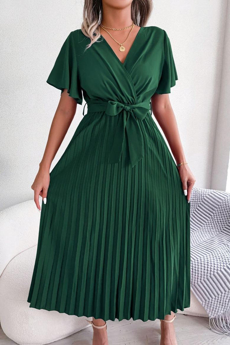 Summer New Stylish 3 Colors Solid Color Inelastic V-Neck With Belt Pleated Casual Maxi Dress