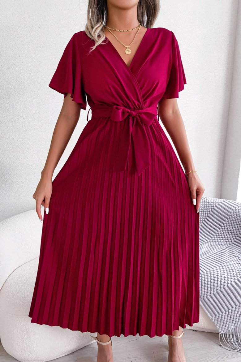 Summer New Stylish 3 Colors Solid Color Inelastic V-Neck With Belt Pleated Casual Maxi Dress