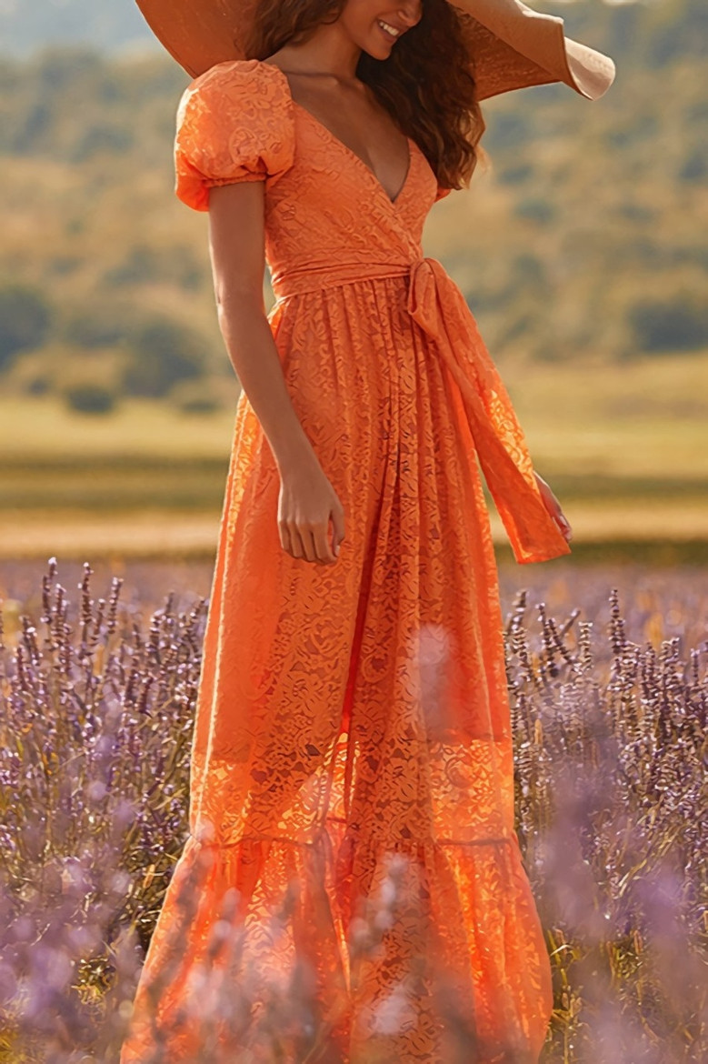 Summer New Stylish Backless V-Neck Puffed Sleeve Solid Lace Stretch Sexy Ruffled Maxi Dress With Belt (With Lining)