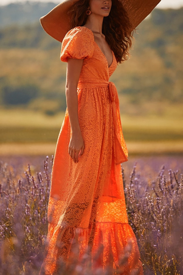 Summer New Stylish Backless V-Neck Puffed Sleeve Solid Lace Stretch Sexy Ruffled Maxi Dress With Belt (With Lining)