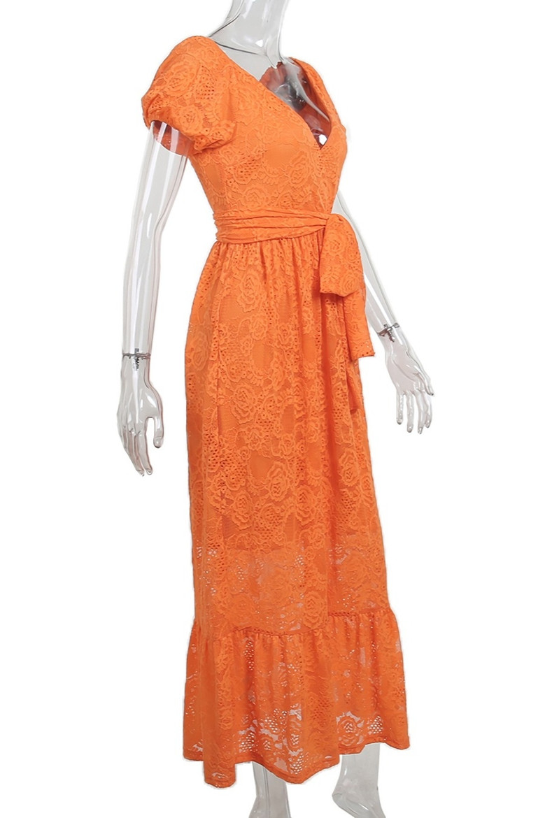 Summer New Stylish Backless V-Neck Puffed Sleeve Solid Lace Stretch Sexy Ruffled Maxi Dress With Belt (With Lining)