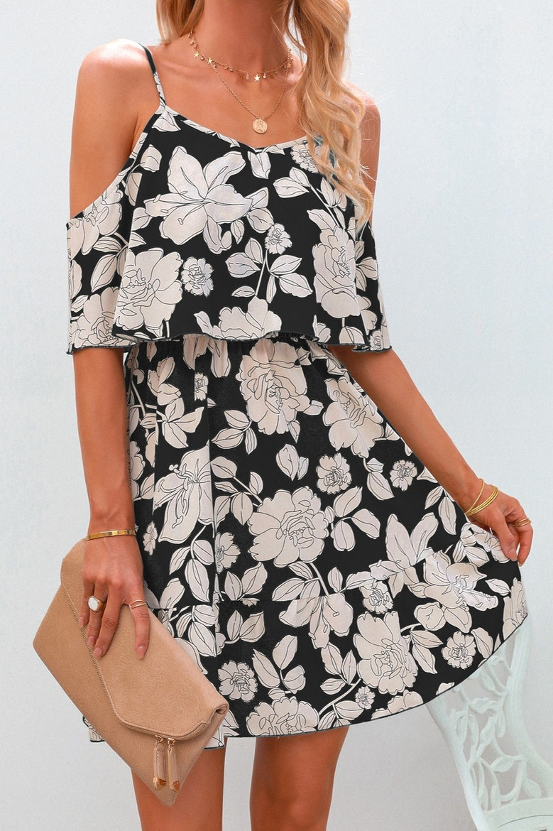 Summer New Stylish Batch Printed Chiffon Inelastic Sling Backless Casual Mini Dress