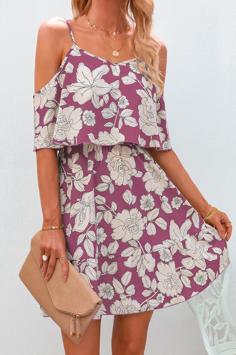 Summer New Stylish Batch Printed Chiffon Inelastic Sling Backless Casual Mini Dress