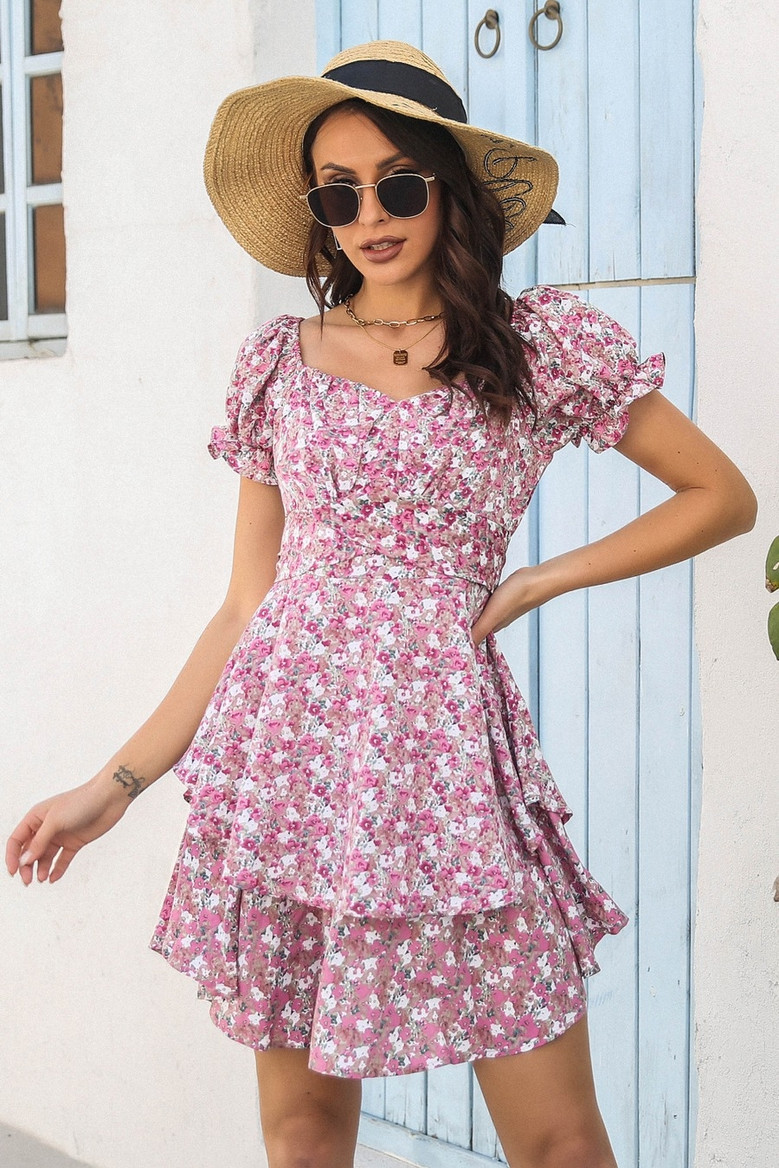 Summer New Stylish Batch Printing Bubble Sleeve Stretch Zip-Up Lace-Up Casual Mini Dress Summer New Stylish Batch Printing Bubble Sleeve Stretch Zip-Up Lace-Up Casual Mini Dress