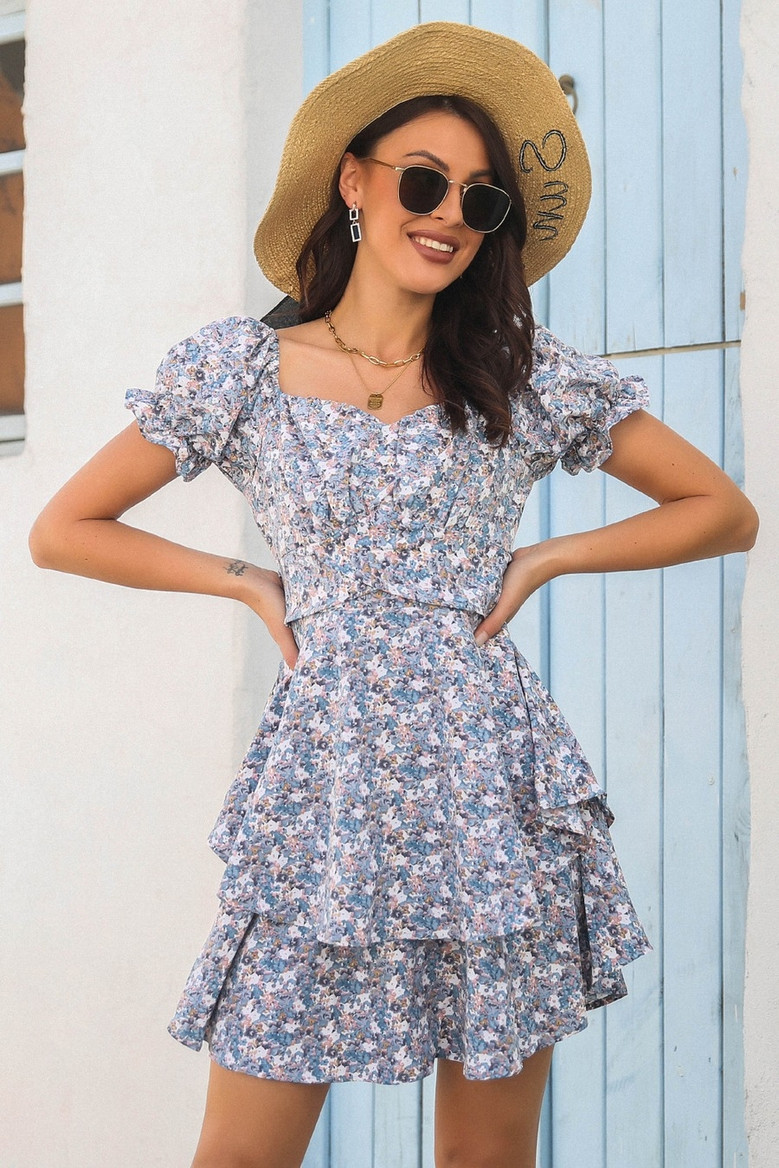 Summer New Stylish Batch Printing Bubble Sleeve Stretch Zip-Up Lace-Up Casual Mini Dress Summer New Stylish Batch Printing Bubble Sleeve Stretch Zip-Up Lace-Up Casual Mini Dress