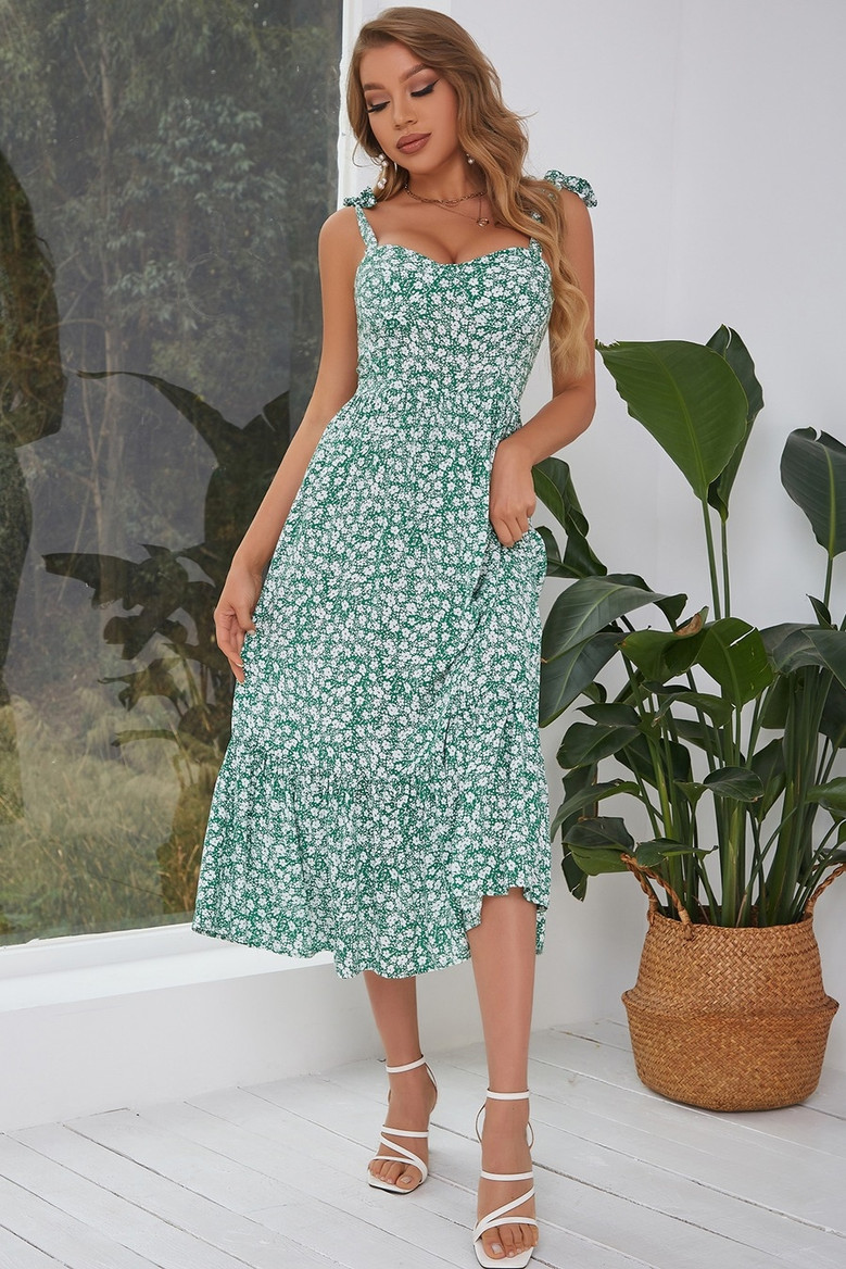 Summer New Stylish Batch Printing Inelastic Good Quality Sling Backless Casual Midi Dress