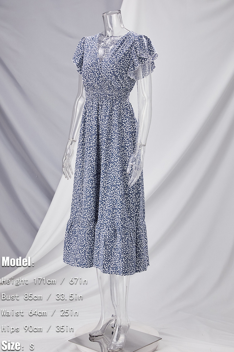 Summer New Stylish Batch Printing Inelastic Loose V-Neck Ruffled Casual Midi Dress