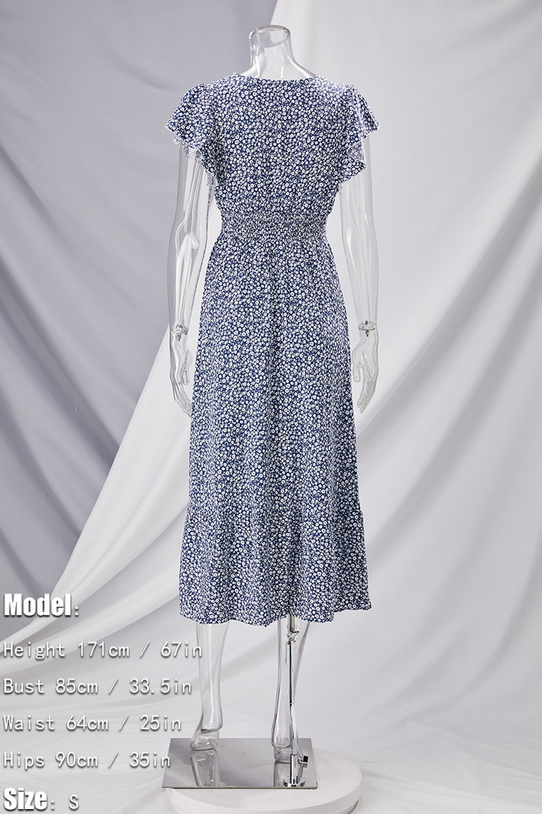 Summer New Stylish Batch Printing Inelastic Loose V-Neck Ruffled Casual Midi Dress