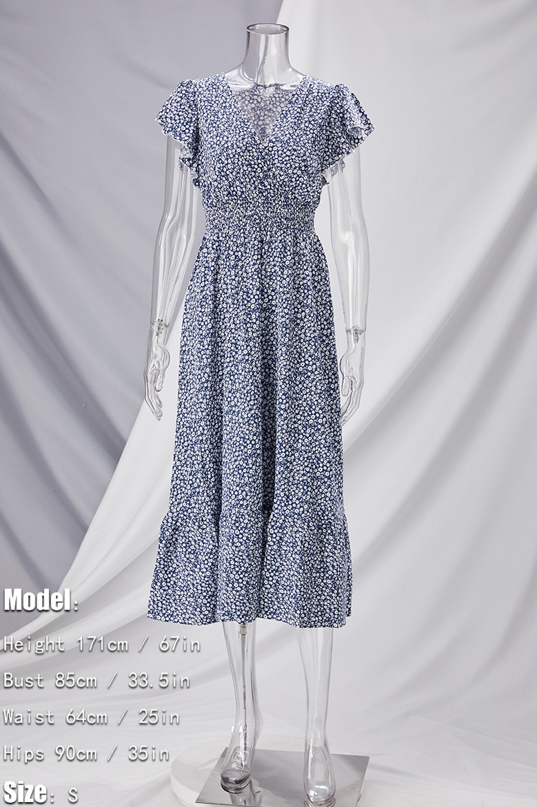 Summer New Stylish Batch Printing Inelastic Loose V-Neck Ruffled Casual Midi Dress