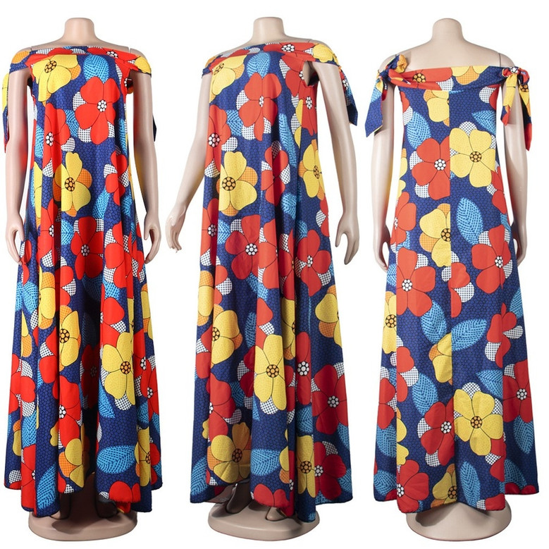 Summer New Stylish Batch Printing Inelastic Off-Shoulder Loose Plus Size Casual Maxi Dress