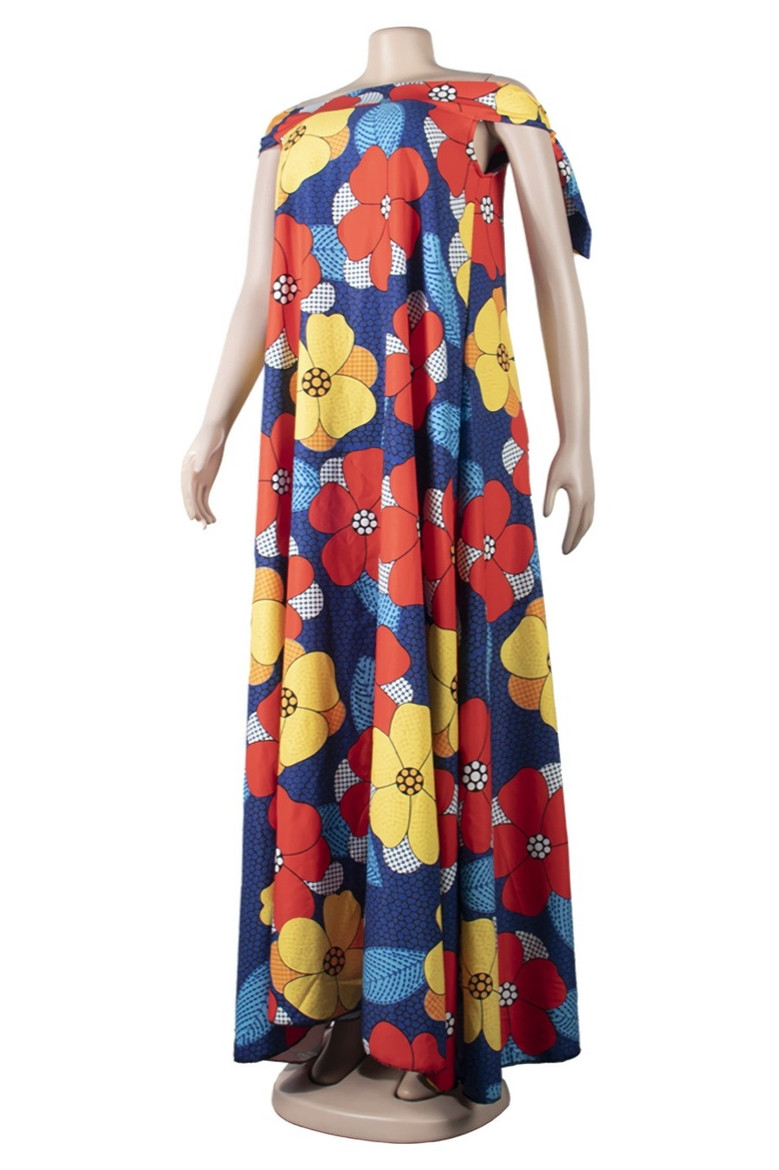 Summer New Stylish Batch Printing Inelastic Off-Shoulder Loose Plus Size Casual Maxi Dress