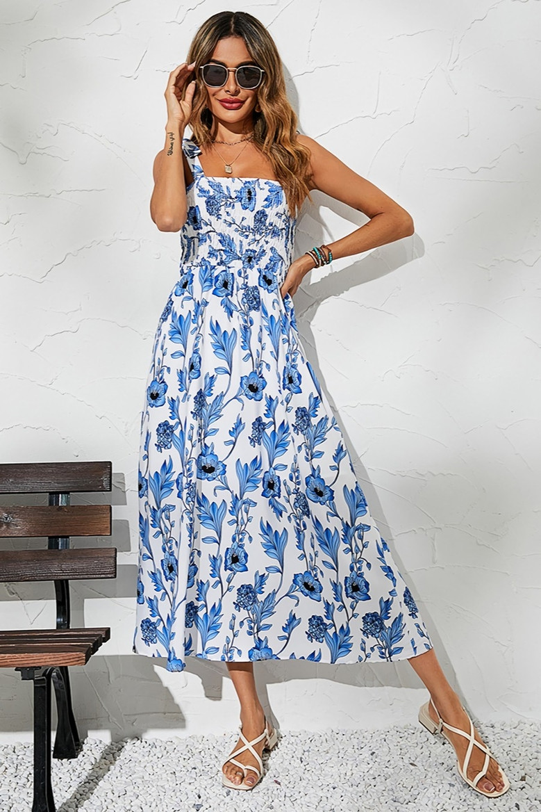Summer New Stylish Batch Printing Inelastic Sling Pleated Backless Casual Midi Dress