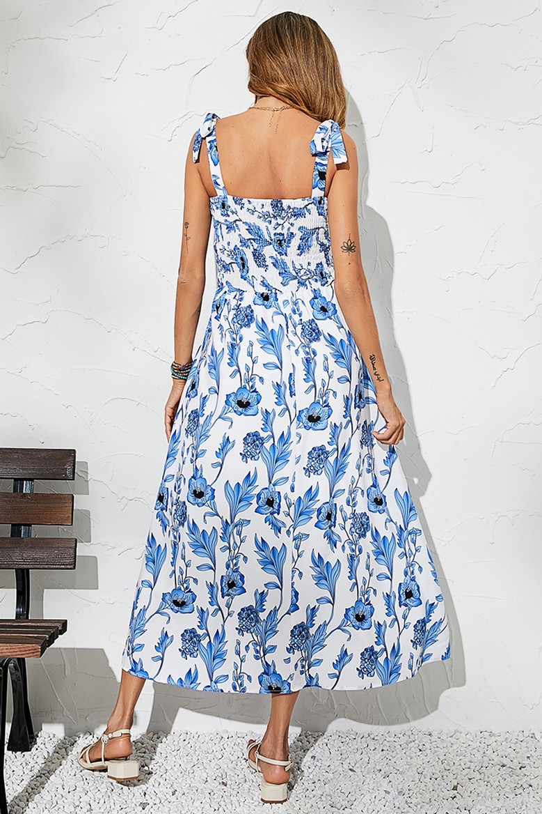 Summer New Stylish Batch Printing Inelastic Sling Pleated Backless Casual Midi Dress