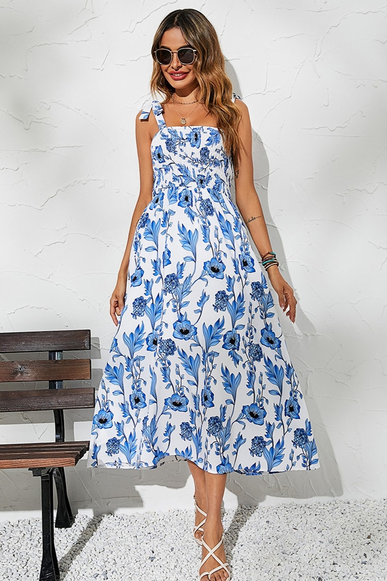 Summer New Stylish Batch Printing Inelastic Sling Pleated Backless Casual Midi Dress