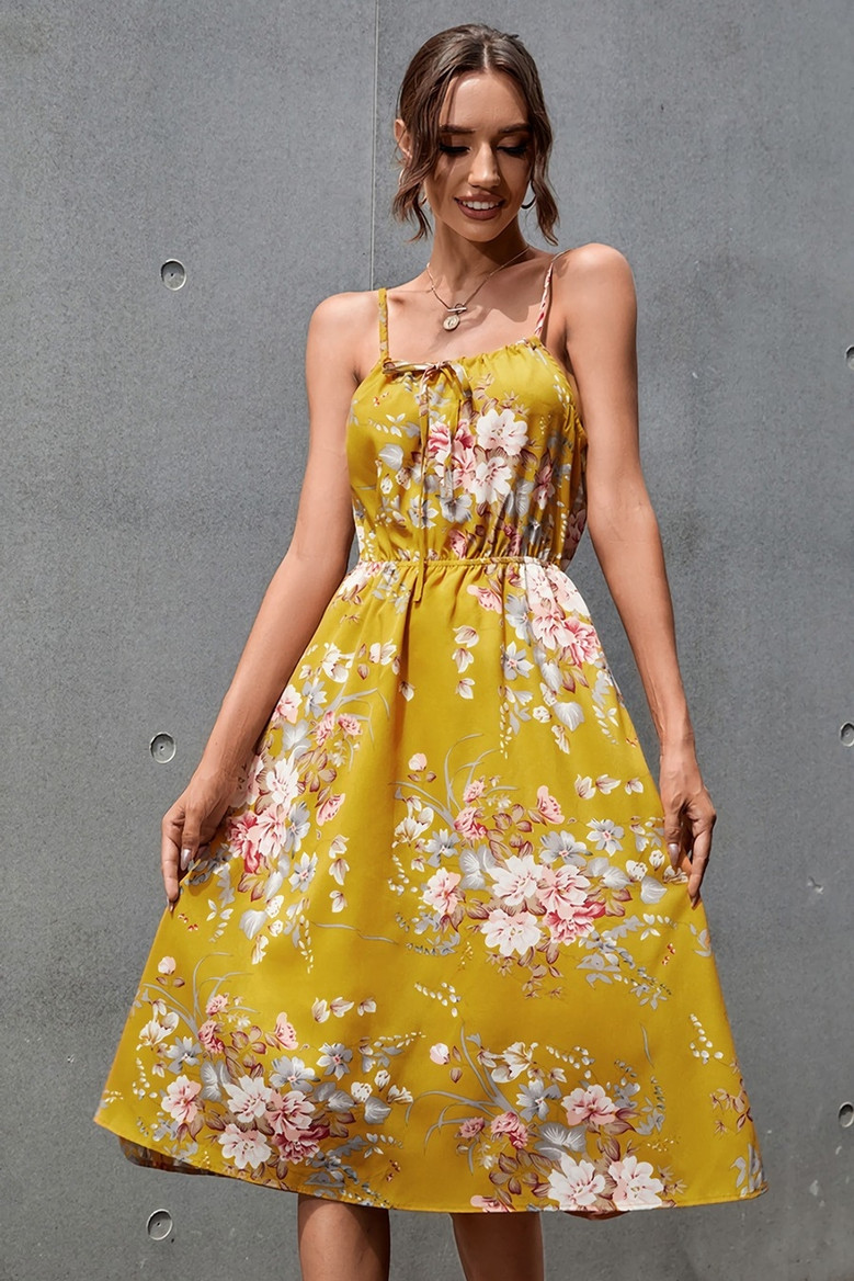 Summer New Stylish Batch Printing Inelastic Sling Pleated Sleeveless Casual Midi Dress