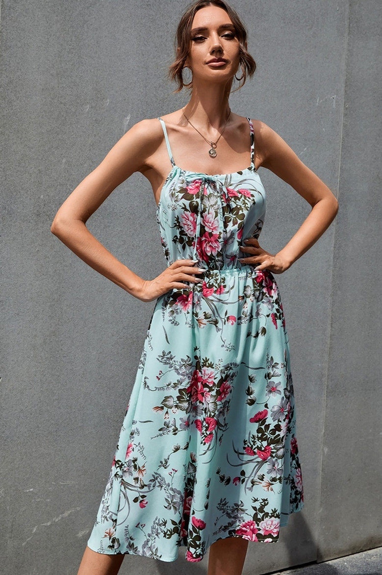 Summer New Stylish Batch Printing Inelastic Sling Pleated Sleeveless Casual Midi Dress