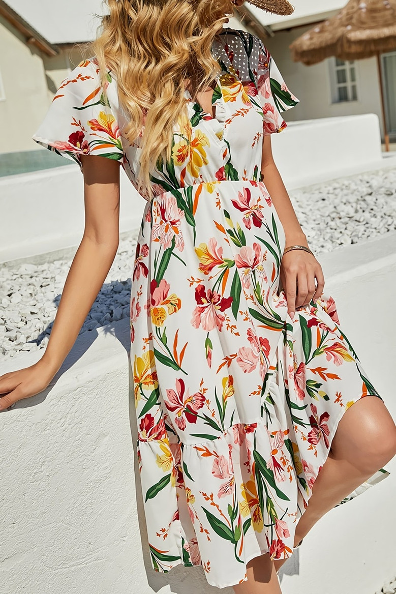 Summer New Stylish Batch Printing Inelastic V-Neck Casual Midi Dress