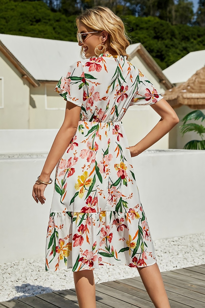 Summer New Stylish Batch Printing Inelastic V-Neck Casual Midi Dress