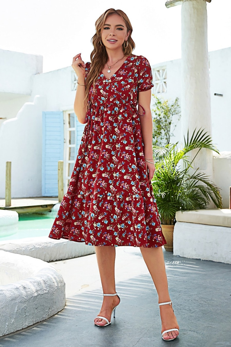 Summer New Stylish Batch Printing Inelastic V-Neck Waist-Tuning Lace-Up Casual Midi Dress Summer New Stylish Batch Printing Inelastic V-Neck Waist-Tuning Lace-Up Casual Midi Dress