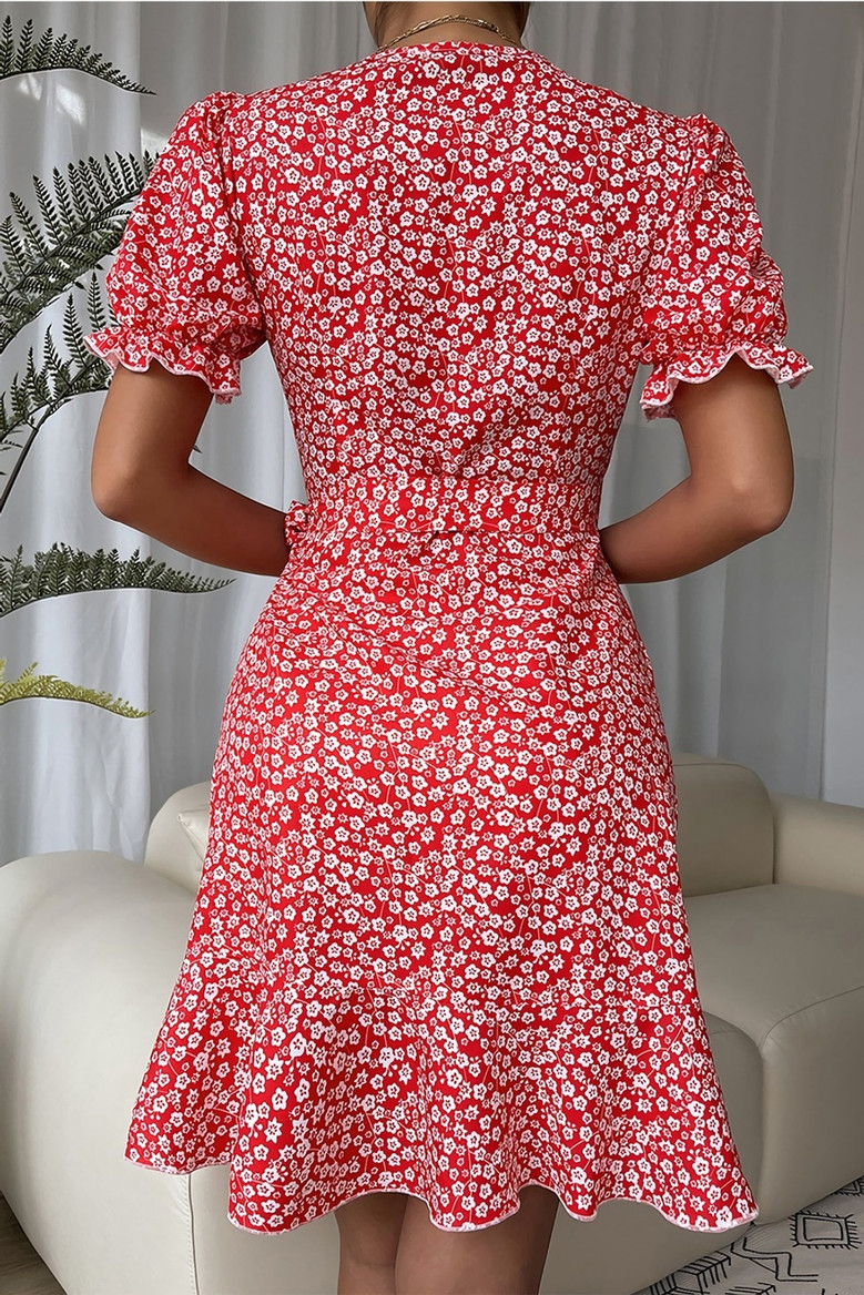 Summer New Stylish Batch Printing Inelastic With Belt V-Neck Casual Mini Dress