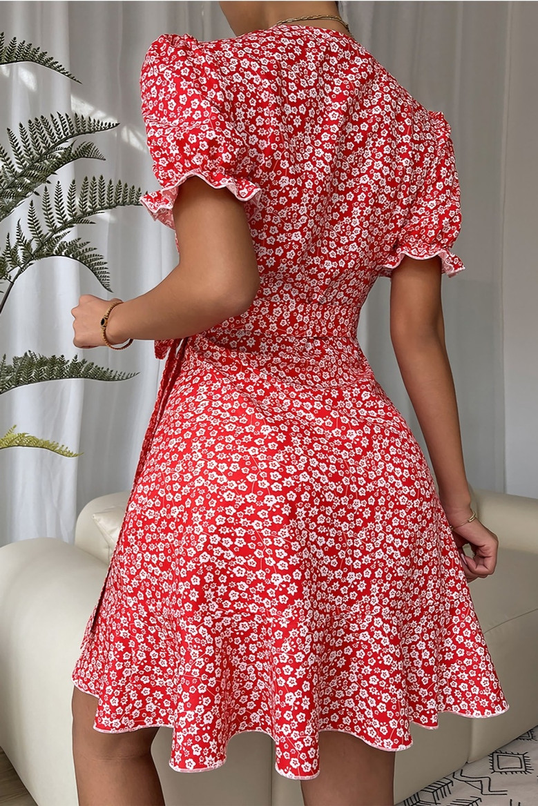 Summer New Stylish Batch Printing Inelastic With Belt V-Neck Casual Mini Dress