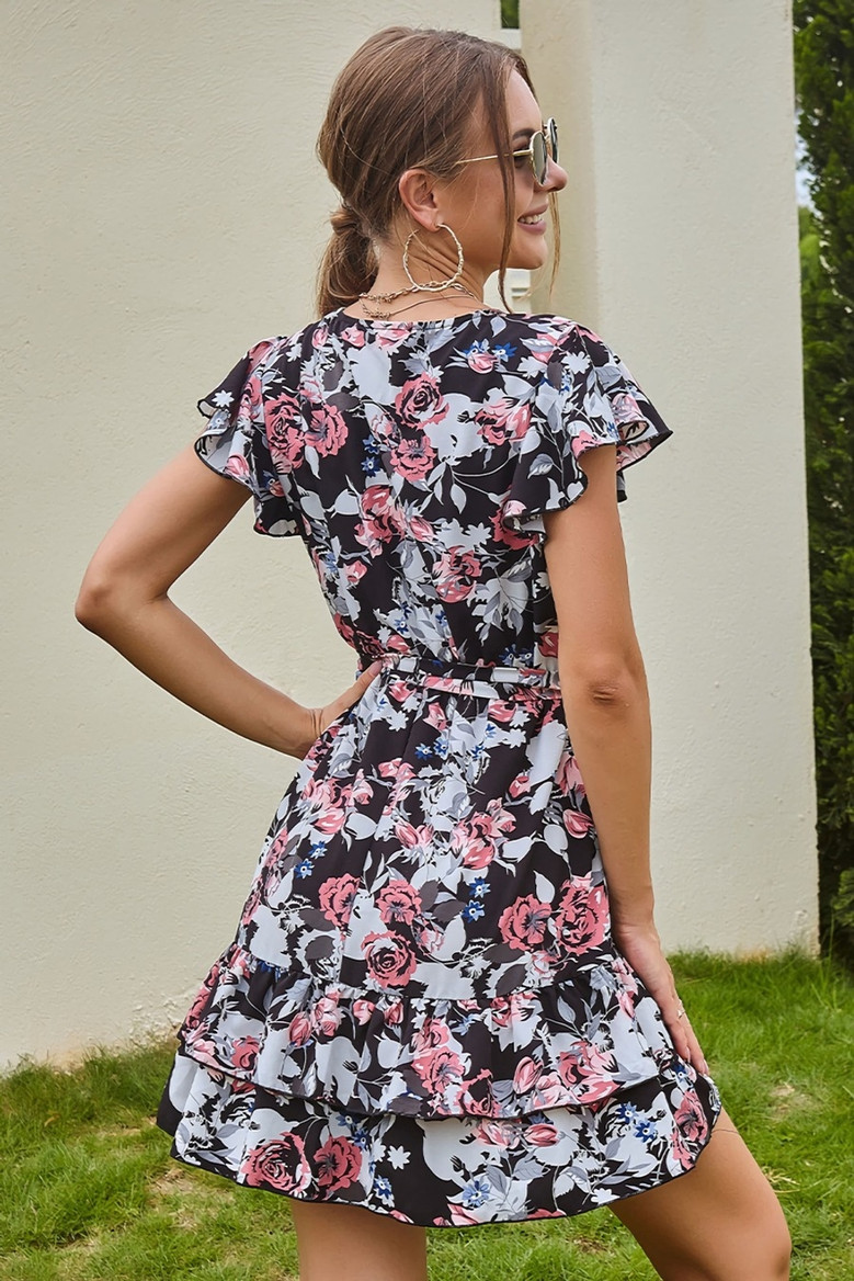 Summer New Stylish Batch Printing Inelastic With Belt V-Neck Ruffled Casual Mini Dress