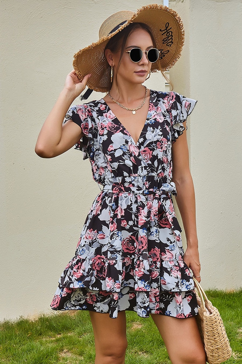 Summer New Stylish Batch Printing Inelastic With Belt V-Neck Ruffled Casual Mini Dress