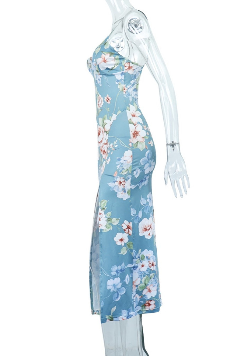 Summer New Stylish Batch Printing Sling Backless Stretch High Slit Sexy Midi Dress