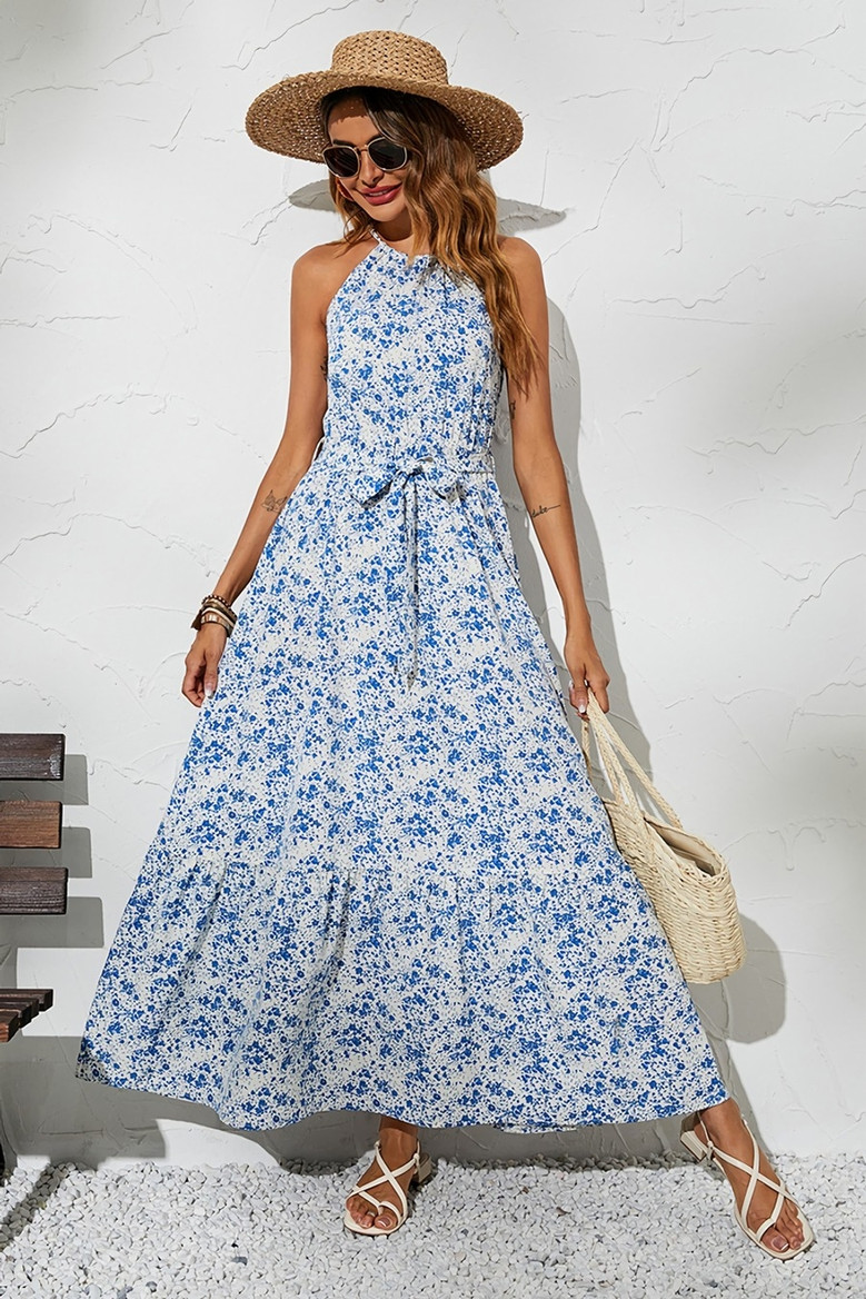 Summer New Stylish Batch Printing Sling With Belt Halter Neck Sleeveless Pleated Casual Maxi Dress