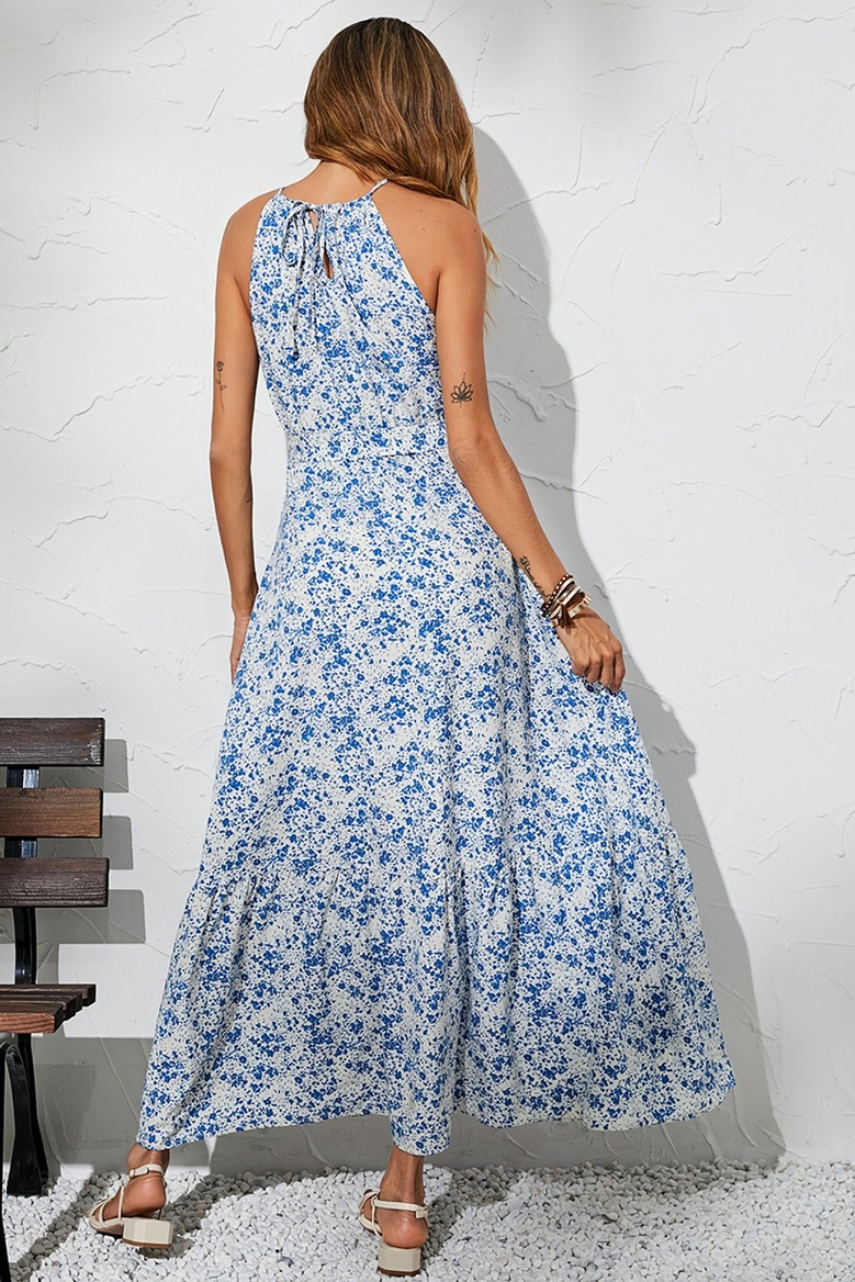 Summer New Stylish Batch Printing Sling With Belt Halter Neck Sleeveless Pleated Casual Maxi Dress