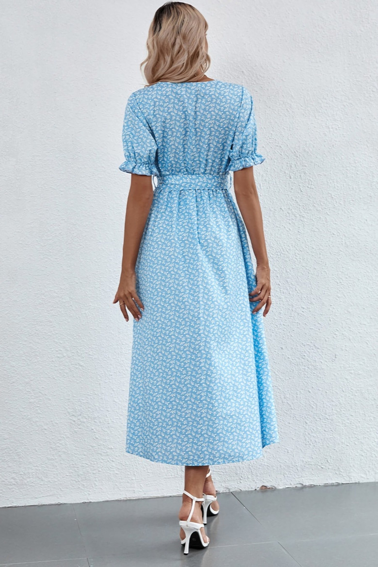 Summer New Stylish Batch Printing V-Neck Inelastic With Belt Ruffle Sleeve Casual Midi Dress