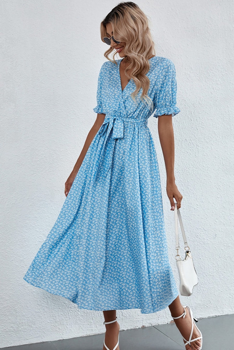 Summer New Stylish Batch Printing V-Neck Inelastic With Belt Ruffle Sleeve Casual Midi Dress