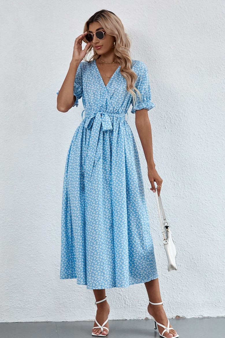 Summer New Stylish Batch Printing V-Neck Inelastic With Belt Ruffle Sleeve Casual Midi Dress