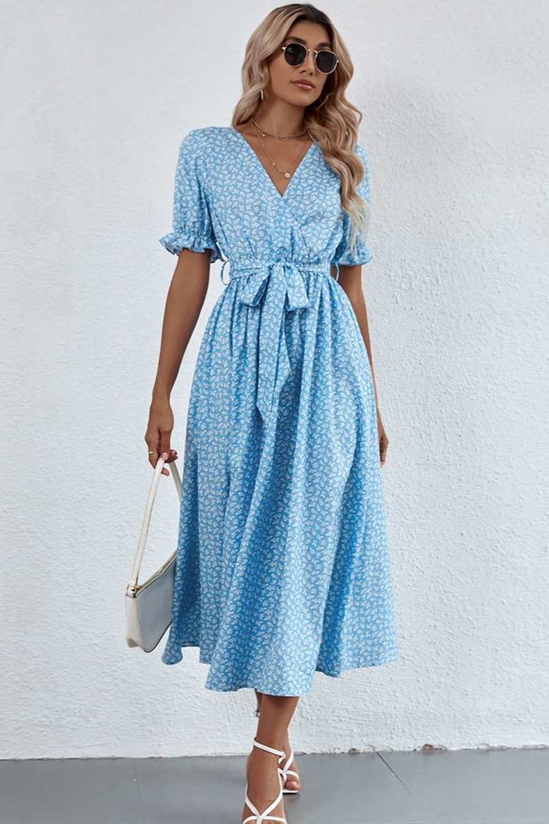 Summer New Stylish Batch Printing V-Neck Inelastic With Belt Ruffle Sleeve Casual Midi Dress