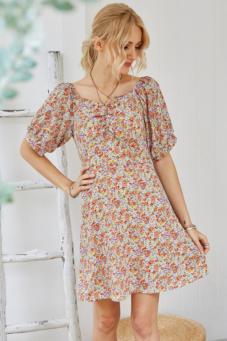 Summer New Stylish Batch Printing Zip-Up Inelastic Lantern Sleeve Casual Mini Dress