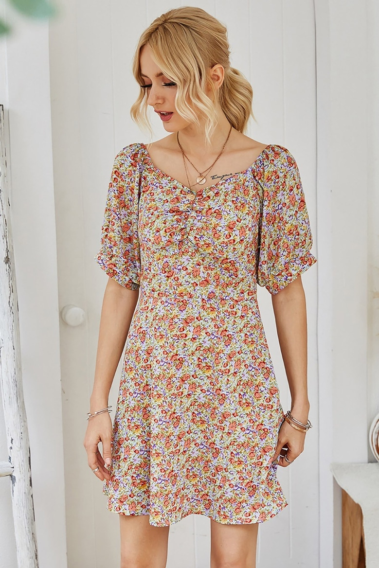 Summer New Stylish Batch Printing Zip-Up Inelastic Lantern Sleeve Casual Mini Dress