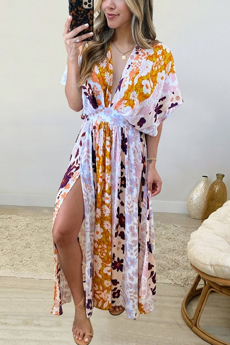Summer New Stylish Deep V Neckline High Slit 4 Colors Non-Elastic Hollow Batch Printing S-2Xl Casual Maxi Dress
