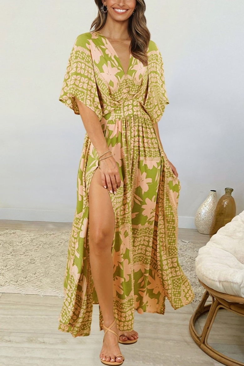 Summer New Stylish Deep V Neckline High Slit 4 Colors Non-Elastic Hollow Batch Printing S-2Xl Casual Maxi Dress