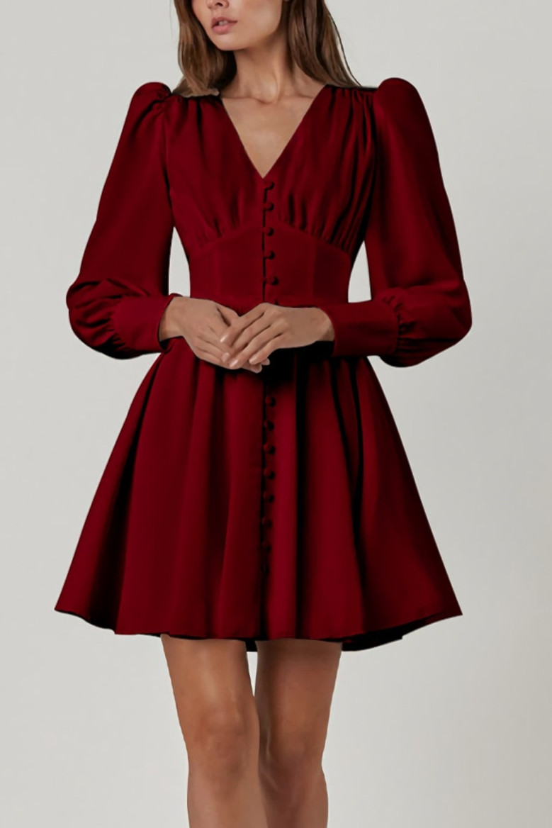 Summer New Stylish Five Colors V-Neck Puff Long Sleeves Solid Color Button Inelastic Casual Mini Dress