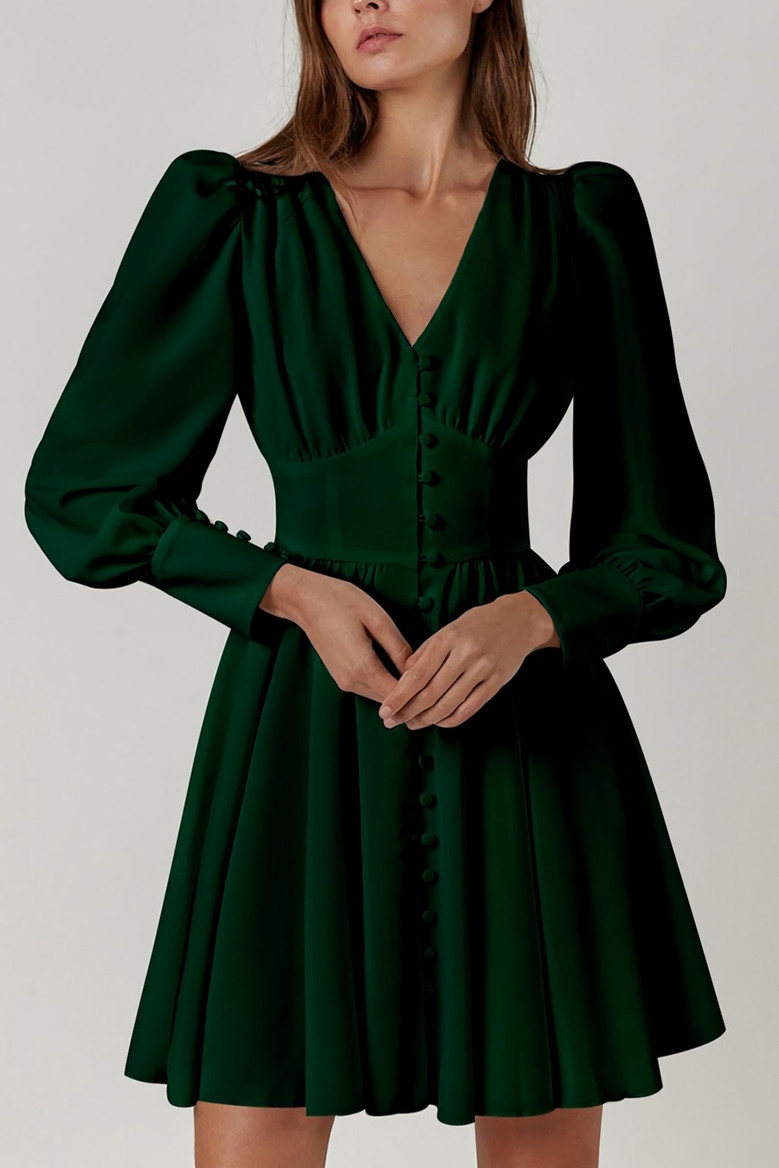Summer New Stylish Five Colors V-Neck Puff Long Sleeves Solid Color Button Inelastic Casual Mini Dress