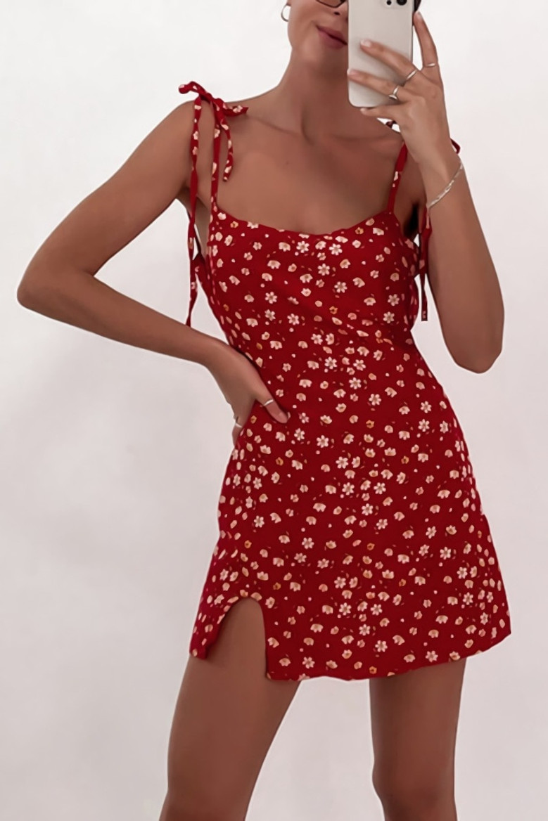 Summer New Stylish Floral Batch Printing Backless Lace-Up Sling Slit Zip-Up Inelastic Sexy Mini Dress