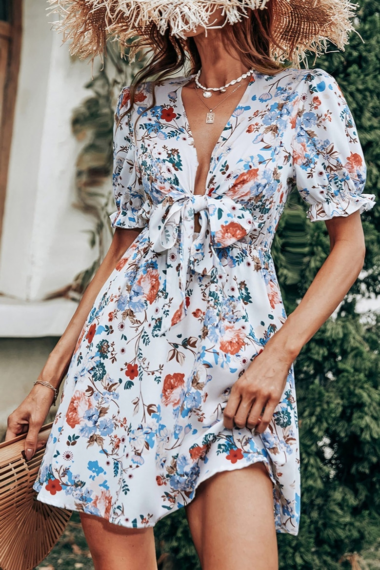 Summer New Stylish Floral Batch Printing Deep V-Neck Ruffle Lace-Up Short Sleeve Sexy Mini Dress