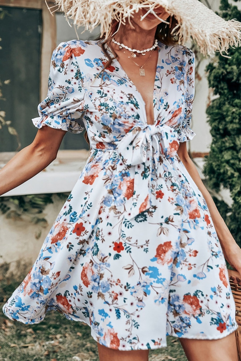 Summer New Stylish Floral Batch Printing Deep V-Neck Ruffle Lace-Up Short Sleeve Sexy Mini Dress