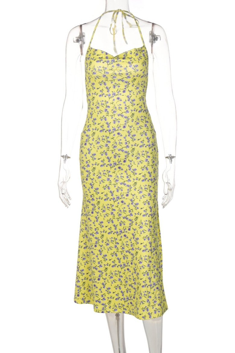 Summer New Stylish Floral Batch Printing Halter-Neck Lace-Up Hollow Stretch High Slit Backless Sexy Midi Dress