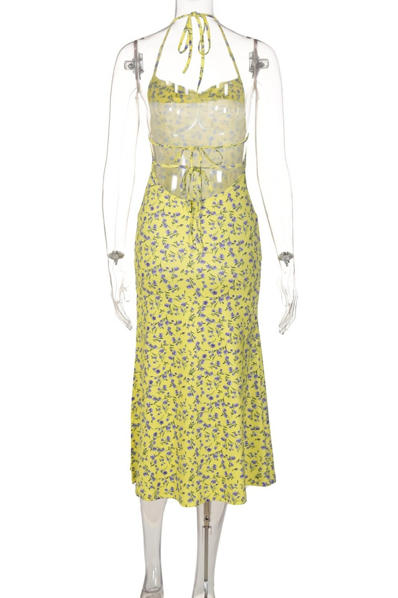 Summer New Stylish Floral Batch Printing Halter-Neck Lace-Up Hollow Stretch High Slit Backless Sexy Midi Dress