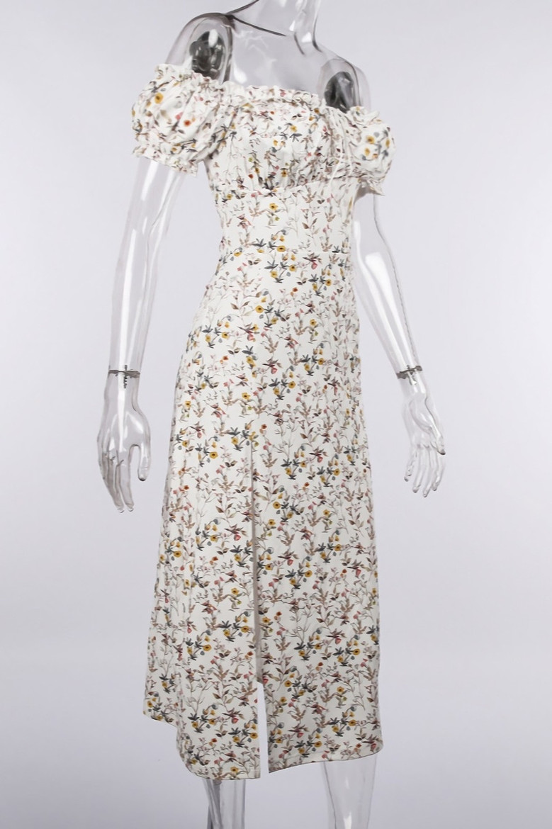 Summer New Stylish Floral Batch Printing High Split Off Shoulder Ruffle Lace-Up Slim Tweed Sexy Stretch Midi Dress