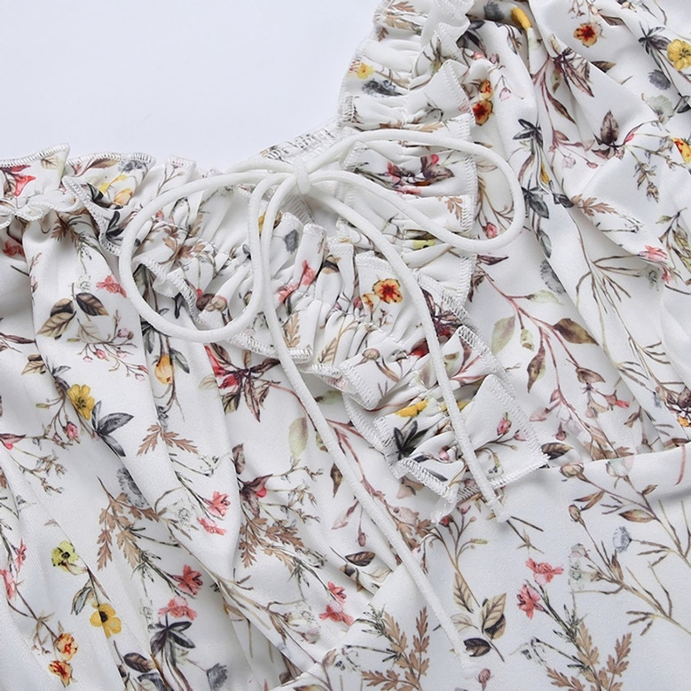 Summer New Stylish Floral Batch Printing High Split Off Shoulder Ruffle Lace-Up Slim Tweed Sexy Stretch Midi Dress