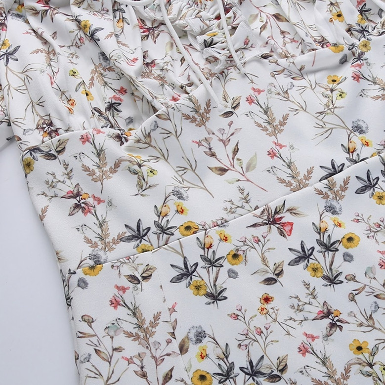 Summer New Stylish Floral Batch Printing High Split Off Shoulder Ruffle Lace-Up Slim Tweed Sexy Stretch Midi Dress